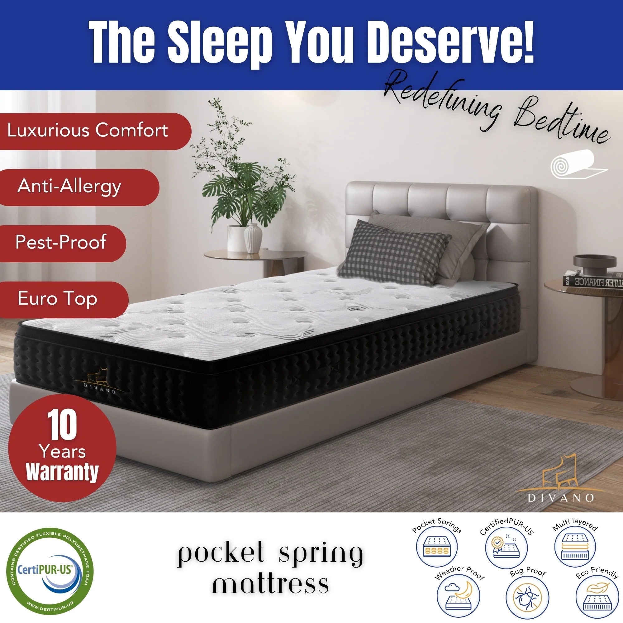 Divano Bedding 32cm Mattress Euro Top Pocket Spring - Image 33
