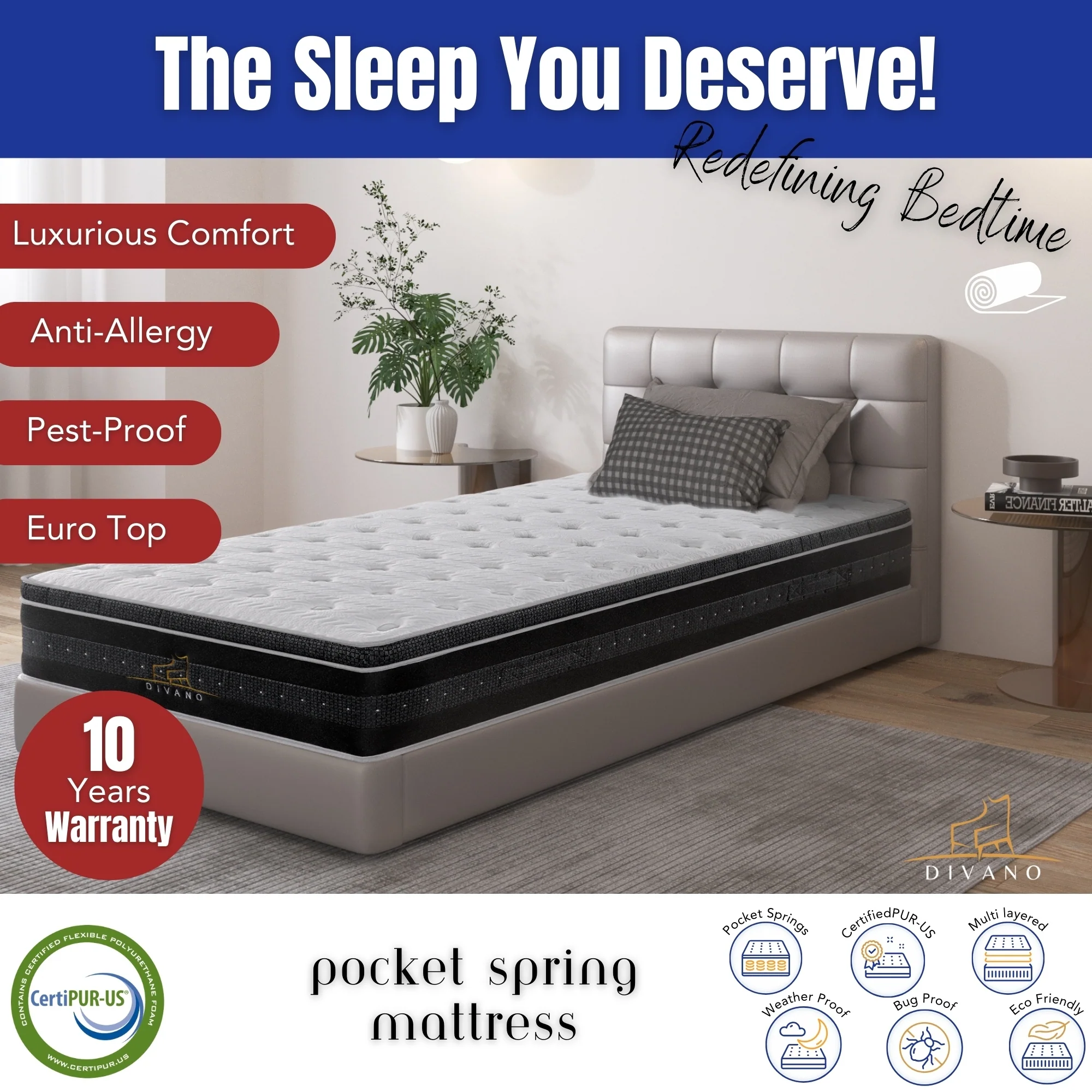 Divano Bedding 34cm Mattress Euro Top Pocket Spring - Image 17